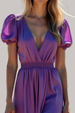 Backless Purple Ruched Long Formal Dress with Puff Sleeves