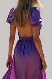 Backless Purple Ruched Long Formal Dress with Puff Sleeves