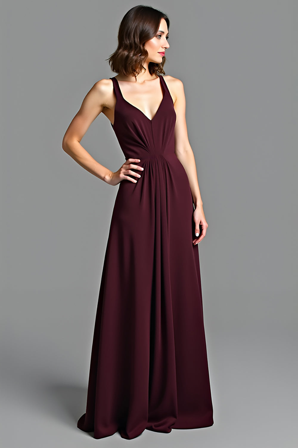 V-Neck Cabernet A Line Long Formal Dress