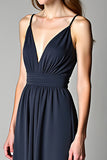 A Line Navy Deep V-Neck Long Chiffon Bridesmaid Dress