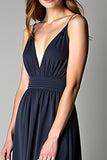A Line Navy Deep V-Neck Long Chiffon Bridesmaid Dress