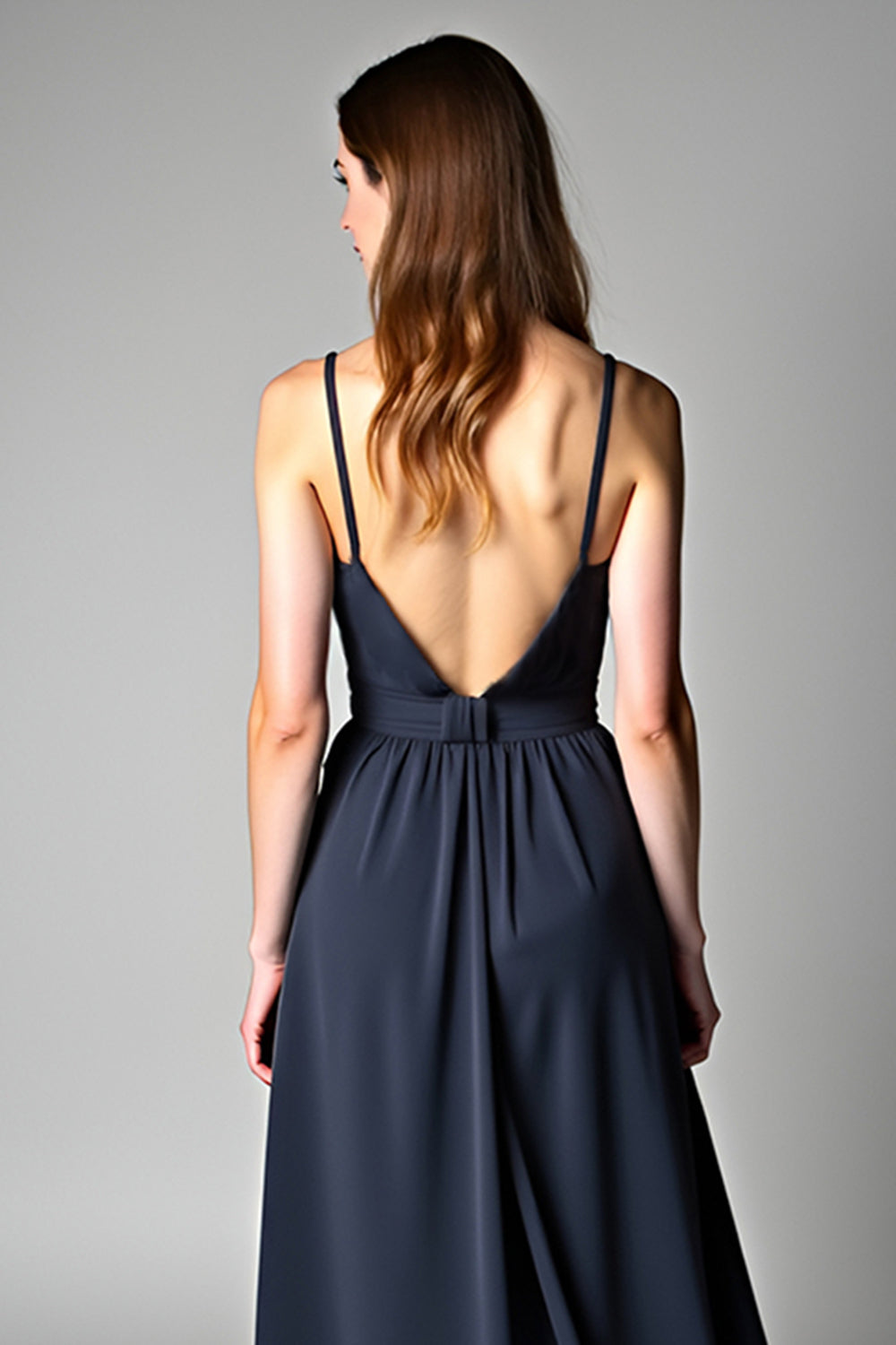 A Line Navy Deep V-Neck Long Chiffon Bridesmaid Dress