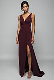 Backless Cabernet Sheath Long Formal Dress with Slit