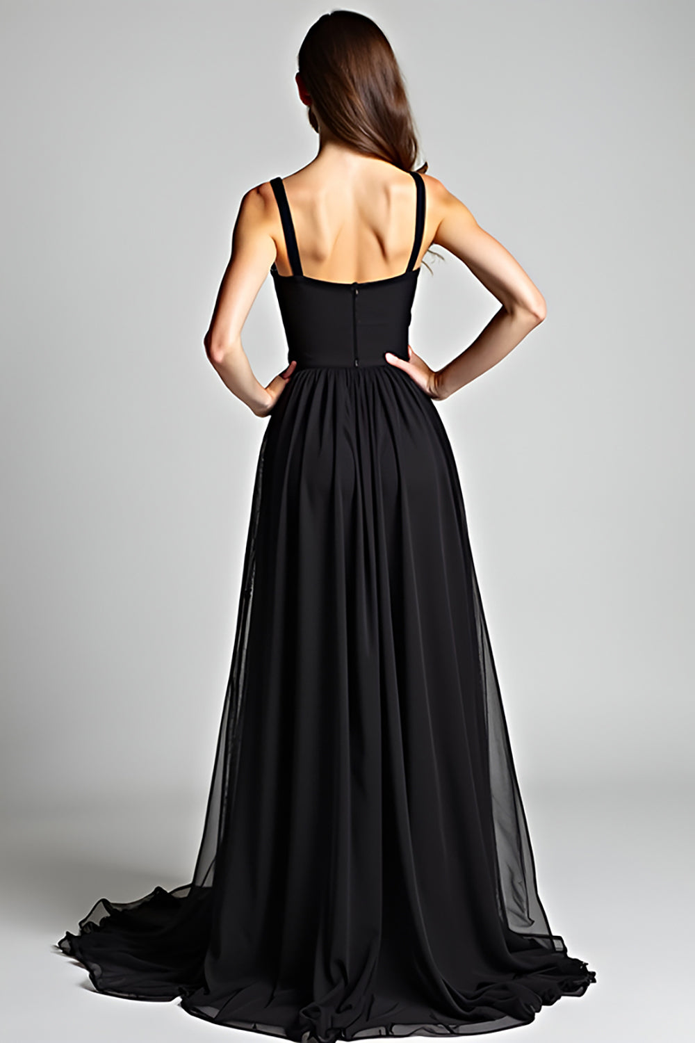 Black A Line V-Neck Long Formal Dress with Slit