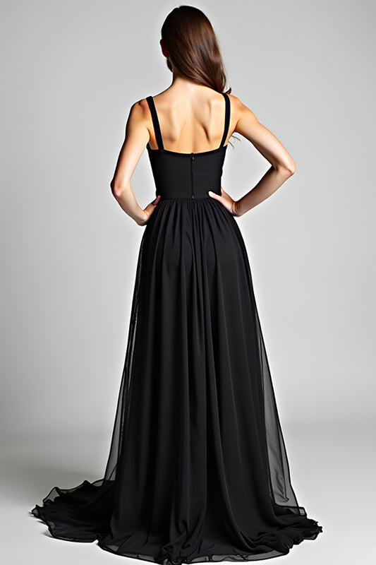 Black A Line V-Neck Long Formal Dress with Slit