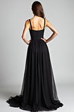 Black A Line V-Neck Long Formal Dress with Slit