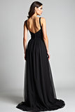 Black A Line V-Neck Long Formal Dress with Slit
