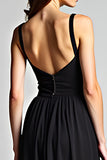Black A Line V-Neck Long Formal Dress with Slit