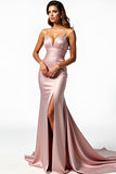 Mermaid Satin Dusty Rose Ruched Long Prom Dress with Slit