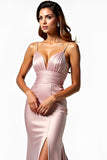 Mermaid Satin Dusty Rose Ruched Long Prom Dress with Slit