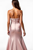 Mermaid Satin Dusty Rose Ruched Long Prom Dress with Slit