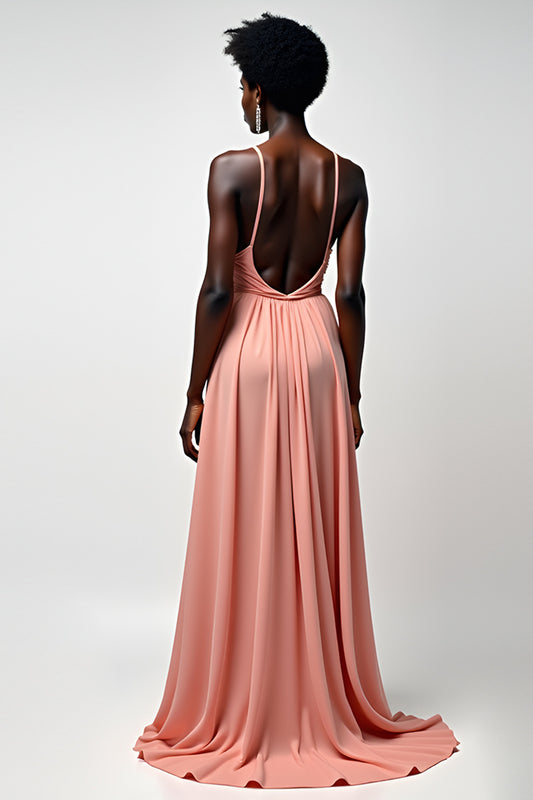 Halter Blush Pink A Line Ruched Long Formal Dress