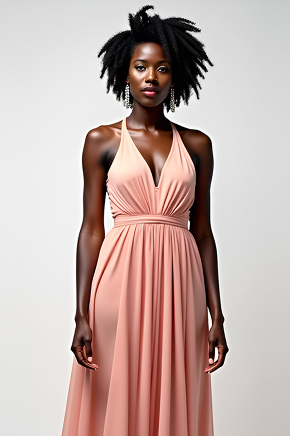 Halter Blush Pink A Line Ruched Long Formal Dress