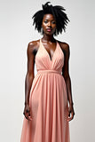 Halter Blush Pink A Line Ruched Long Formal Dress