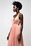 Halter Blush Pink A Line Ruched Long Formal Dress