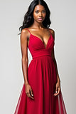 Backless Red Spaghetti Straps Ruched Long Formal Dress