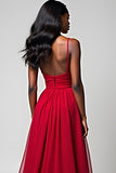 Backless Red Spaghetti Straps Ruched Long Formal Dress