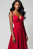 Backless Red Spaghetti Straps Ruched Long Formal Dress