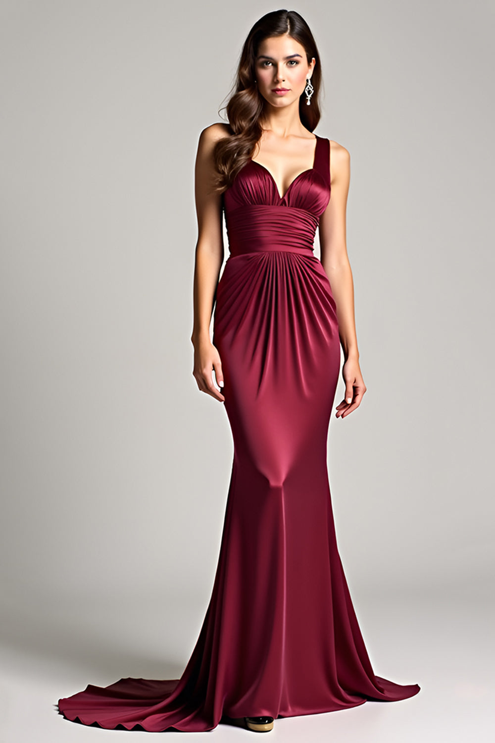 ZAPAKA Women Ruched Burgundy Sheath Backless Formal Dress V-Neck Satin