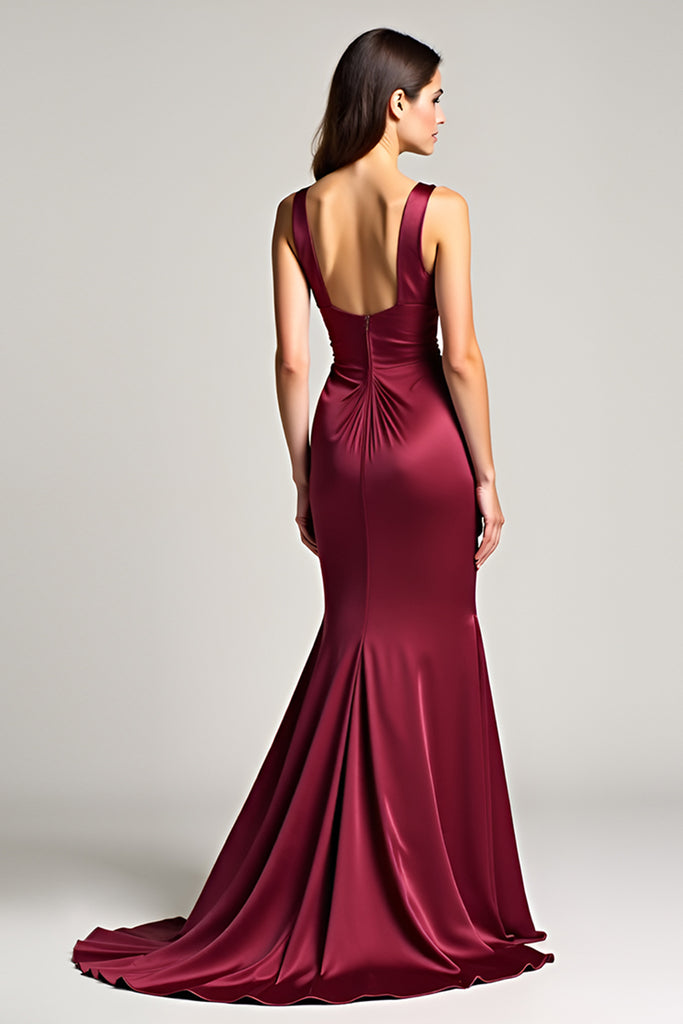 ZAPAKA Women Ruched Burgundy Sheath Backless Formal Dress V-Neck Satin