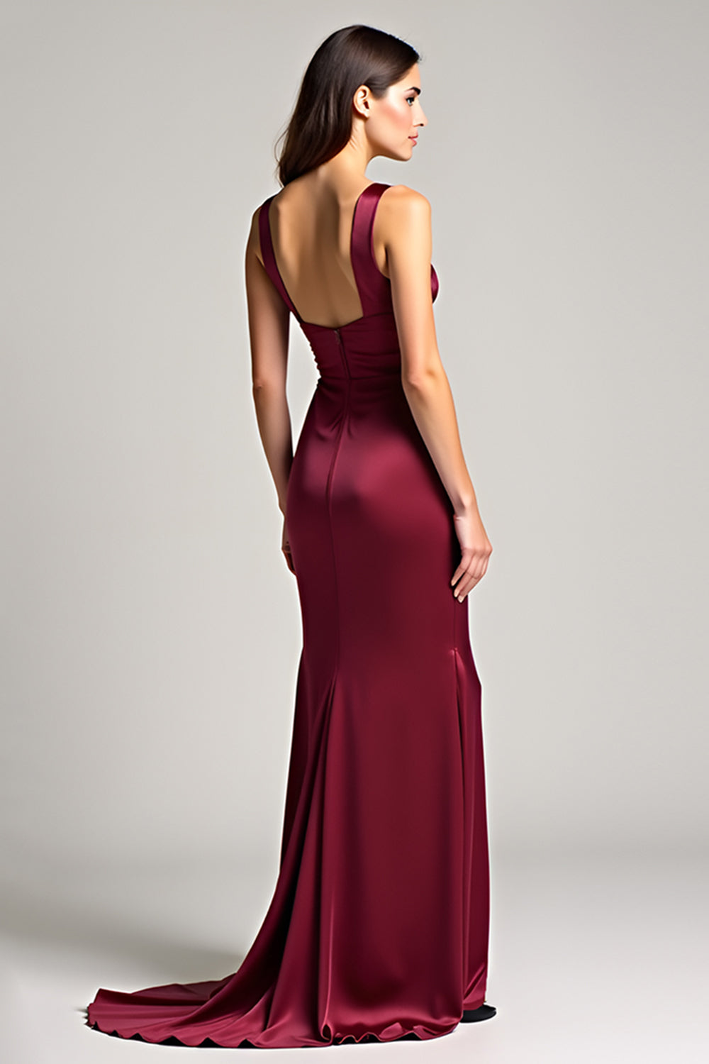 ZAPAKA Women Ruched Burgundy Sheath Backless Formal Dress V-Neck Satin