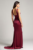 Ruched Burgundy Sheath Backless Long Formal Dress