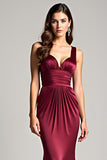 Ruched Burgundy Sheath Backless Long Formal Dress