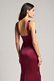 Ruched Burgundy Sheath Backless Long Formal Dress