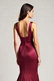 Ruched Burgundy Sheath Backless Long Formal Dress