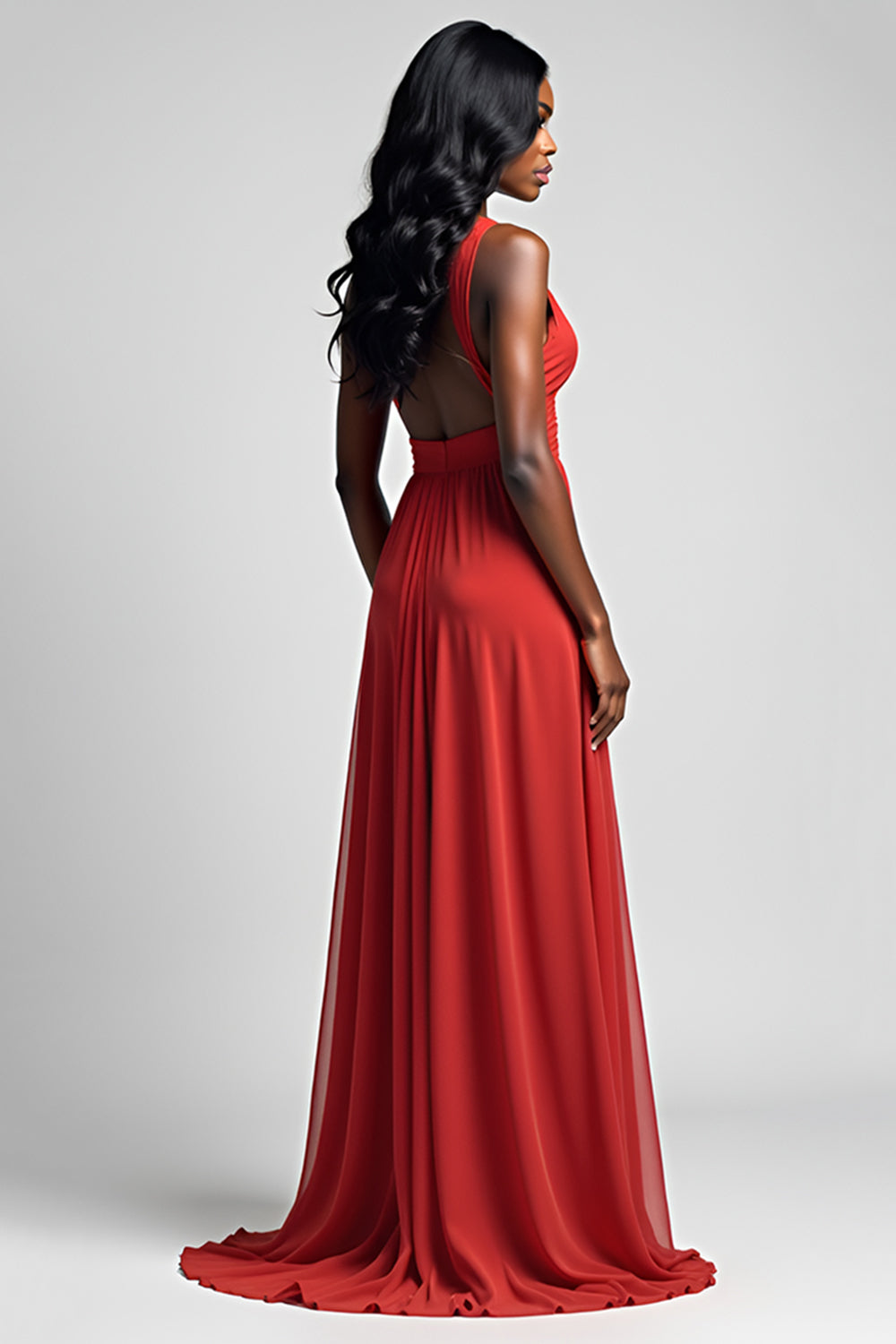 Ruched Red V-Neck Backless Long Formal Dress