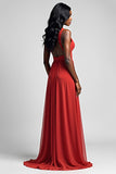Ruched Red V-Neck Backless Long Formal Dress