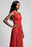 Ruched Red V-Neck Backless Long Formal Dress