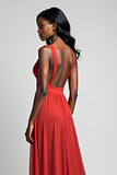 Ruched Red V-Neck Backless Long Formal Dress