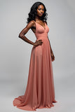 A Line Watermelon Backless Chiffon Long Bridesmaid Dress