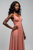 A Line Watermelon Backless Chiffon Long Bridesmaid Dress
