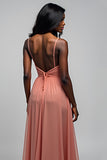 A Line Watermelon Backless Chiffon Long Bridesmaid Dress