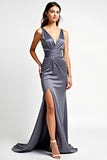 Deep V-Neck Steel Grey Ruched Long Formal Dress with Slit