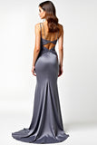 Deep V-Neck Steel Grey Ruched Long Formal Dress with Slit