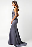 Deep V-Neck Steel Grey Ruched Long Formal Dress with Slit