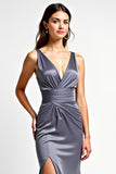 Deep V-Neck Steel Grey Ruched Long Formal Dress with Slit