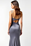 Deep V-Neck Steel Grey Ruched Long Formal Dress with Slit