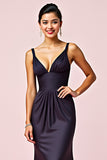 Navy Sheath V-Neck Backless Long Formal Dress