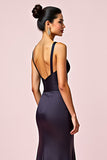 Navy Sheath V-Neck Backless Long Formal Dress