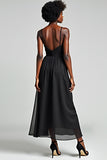 A Line Black Spaghetti Straps Tea Length Bridesmaid Dress