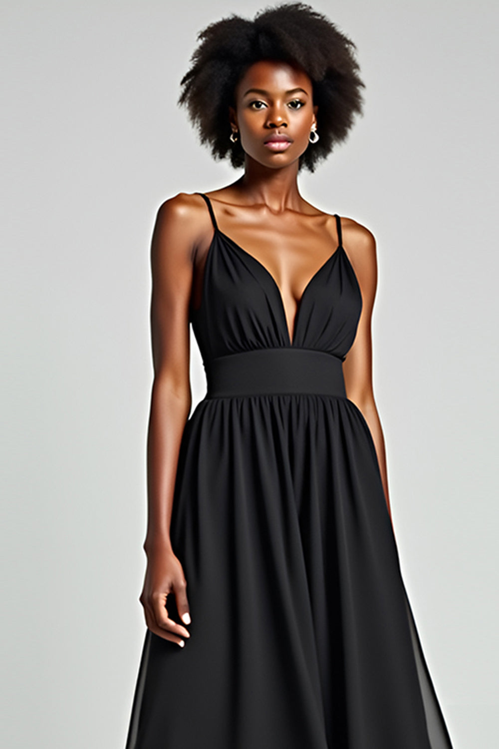 A Line Black Spaghetti Straps Tea Length Bridesmaid Dress