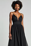 A Line Black Spaghetti Straps Tea Length Bridesmaid Dress