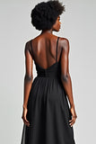 A Line Black Spaghetti Straps Tea Length Bridesmaid Dress