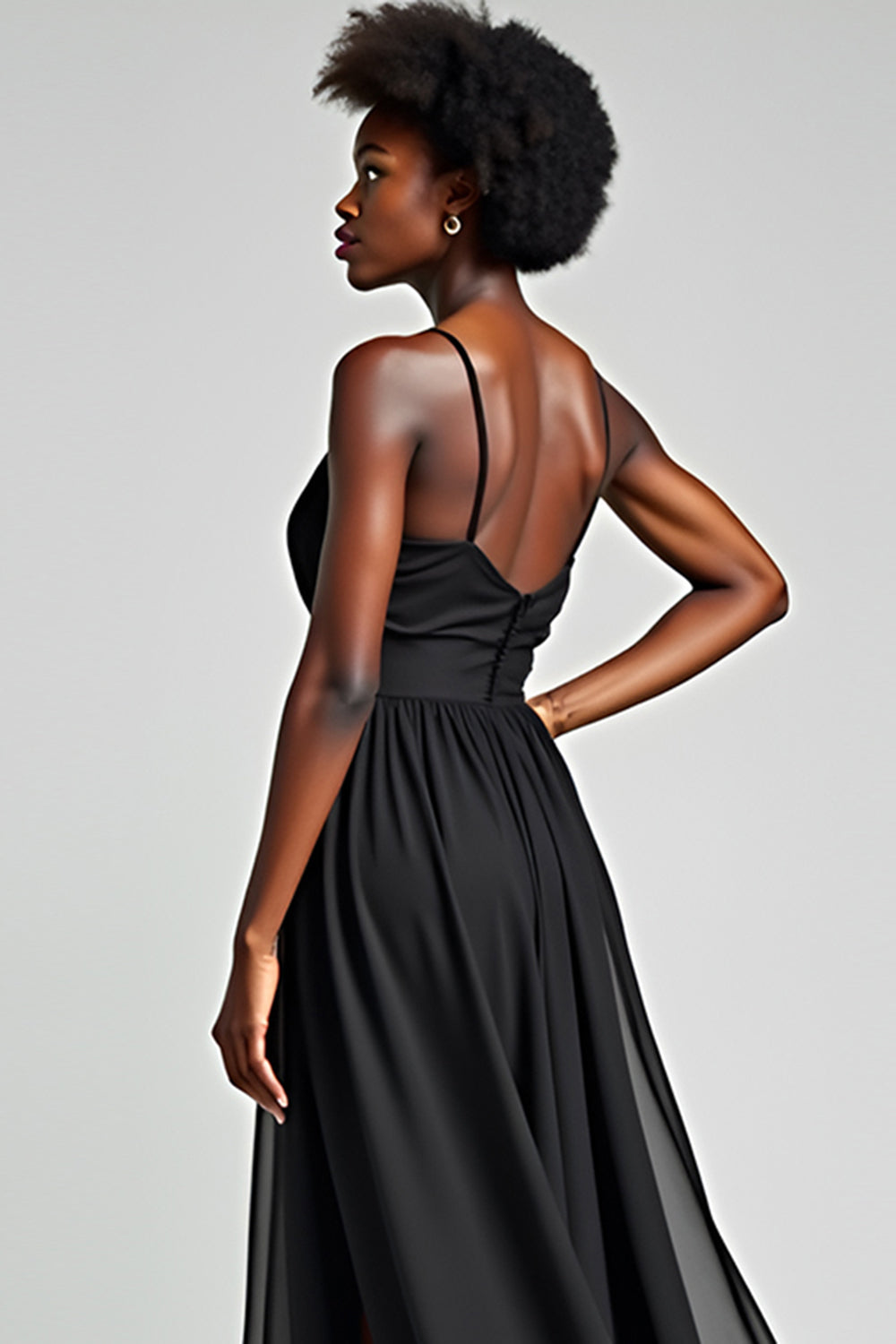 A Line Black Spaghetti Straps Tea Length Bridesmaid Dress