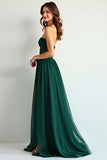 Sweetheart Dark Green A Line Ruched Long Bridesmaid Dress with Slit