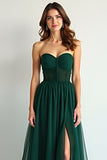 Sweetheart Dark Green A Line Ruched Long Bridesmaid Dress with Slit